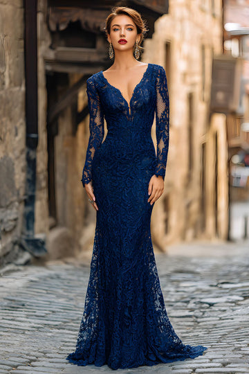 Robe maxi mère de la mariée en dentelle bleu marine sirène col V avec manches